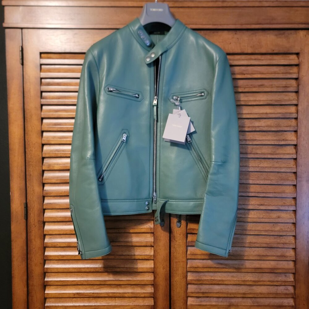 Tom Ford Mens Leather Jacket Moto Cafe Style Green Retail $8,000 !!